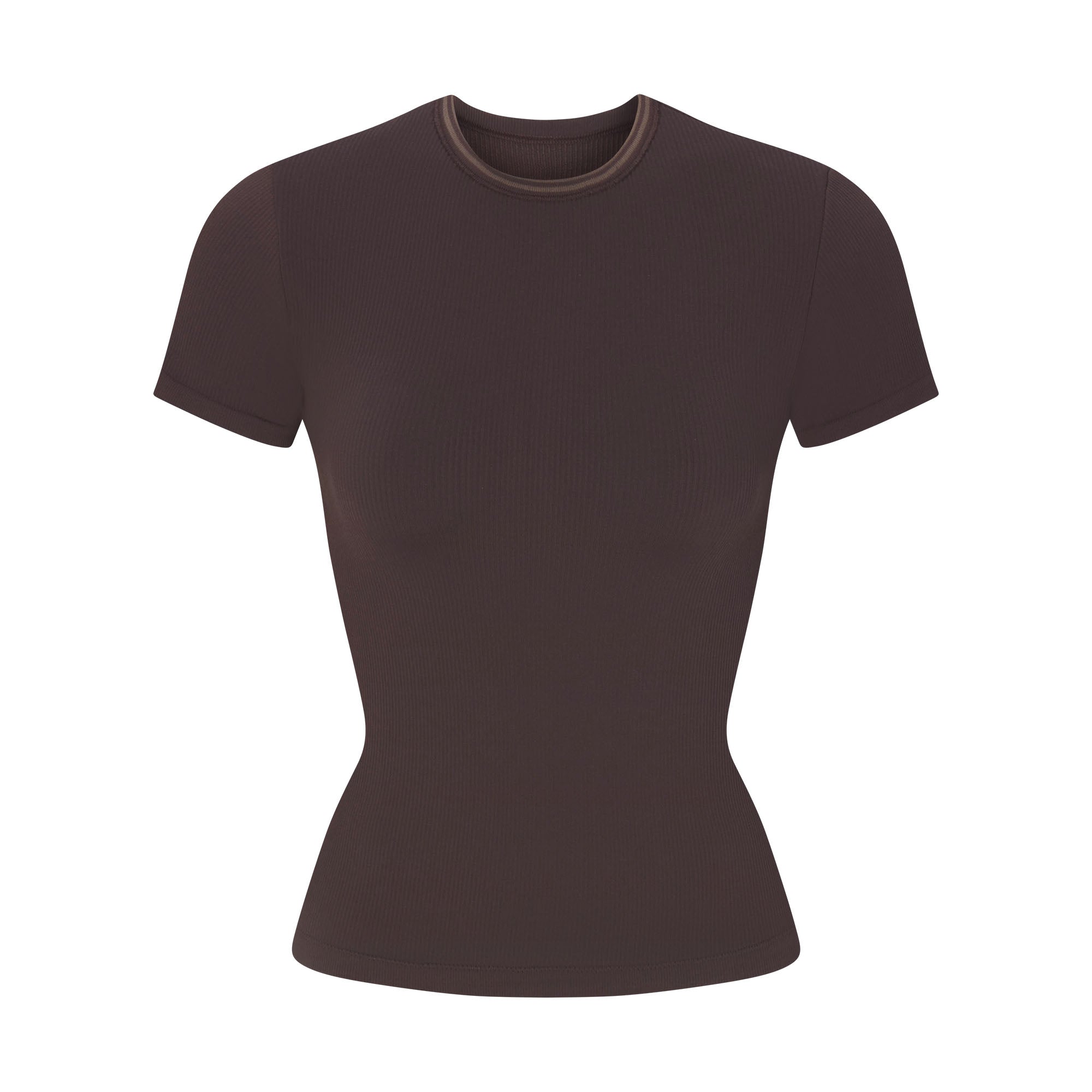 NikeSKIMS RIBBED SEAMLESS BABY TEE | PHOENIX/TRUFFLE FLAT ON A WHITE BACKGROUND | FLT
