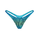 SIGNATURE SWIM THONG BIKINI BOTTOM | AQUA OMBRE SNAKE LAYS FLAT ON A WHITE BACKGROUND | FLT