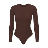 FITS EVERYBODY LONG SLEEVE CREW NECK BODYSUIT | COCOA (BODYSUITS) LAYS FLAT ON A WHITE BACKGROUND | FLT