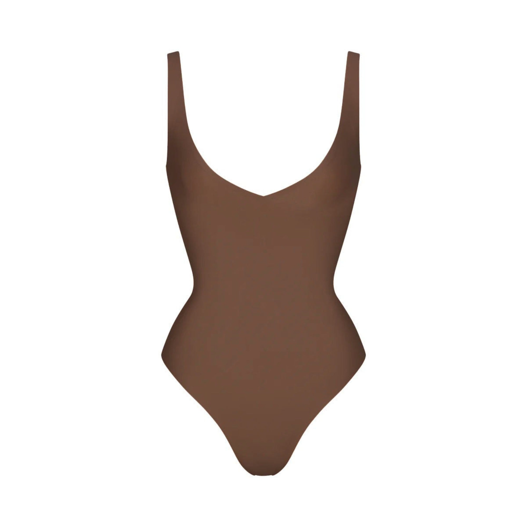SKIMS BODY UNLINED PLUNGE THONG BODYSUIT | JASPER (SHAPEWEAR BODYSUITS, SHAPEWEAR) LAYS FLAT ON A WHITE BACKGROUND | FLT