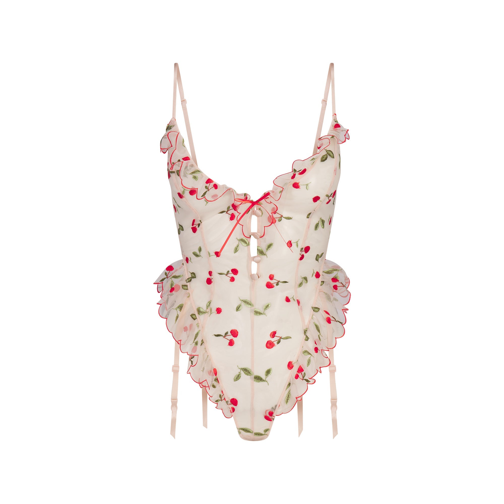 EMBROIDERED TULLE GARTER TEDDY | PRIMROSE CHERRY TULLE FLAT ON A WHITE BACKGROUND | FLT