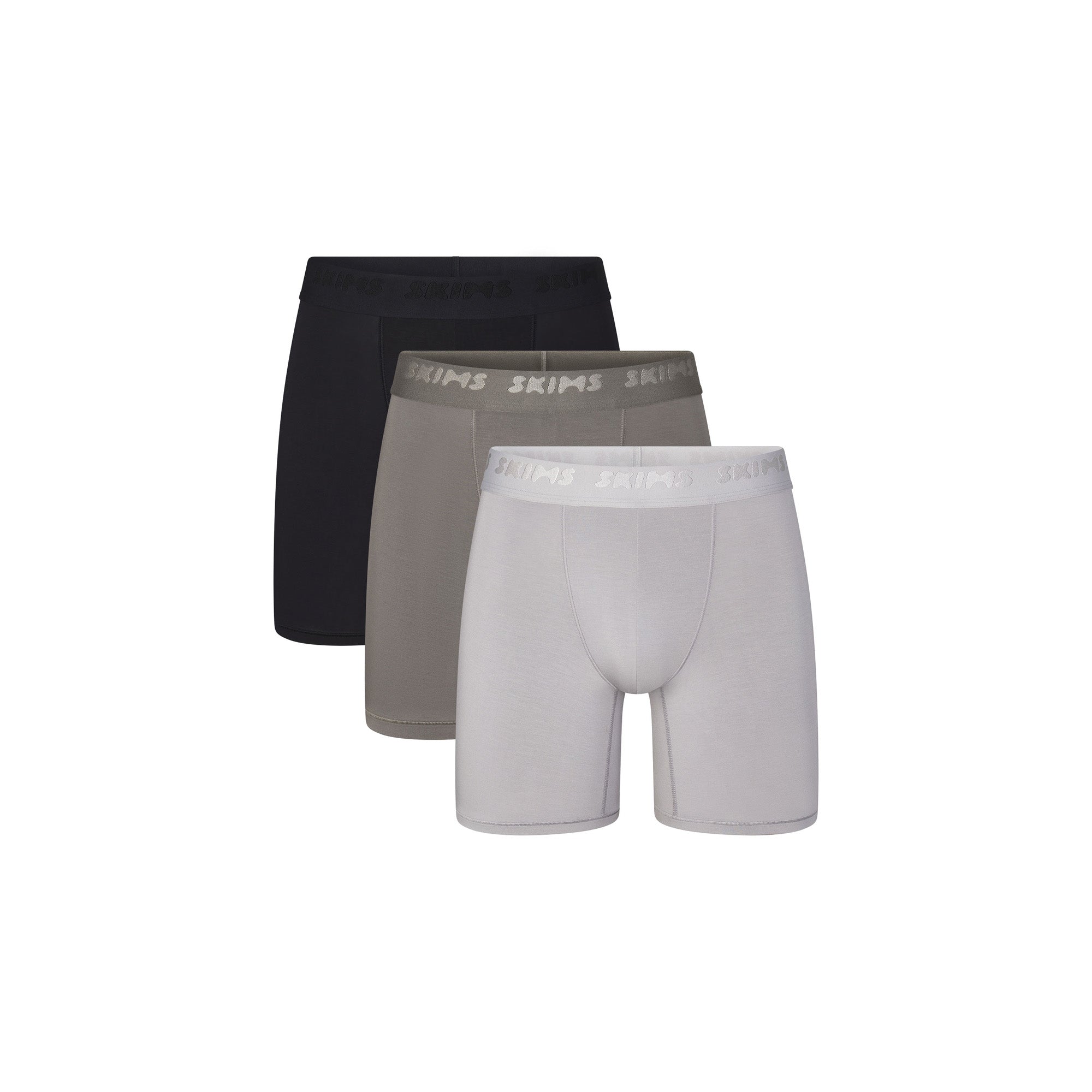 SKIMS STRETCH MENS 5" BOXER BRIEF 3-PACK | GUNMETAL MULTI (MENS BOXERS, MENS UNDERWEAR) LAYS FLAT ON A WHITE BACKGROUND | FLT @ | FOCUS: 0.0, 1.0, 0.9