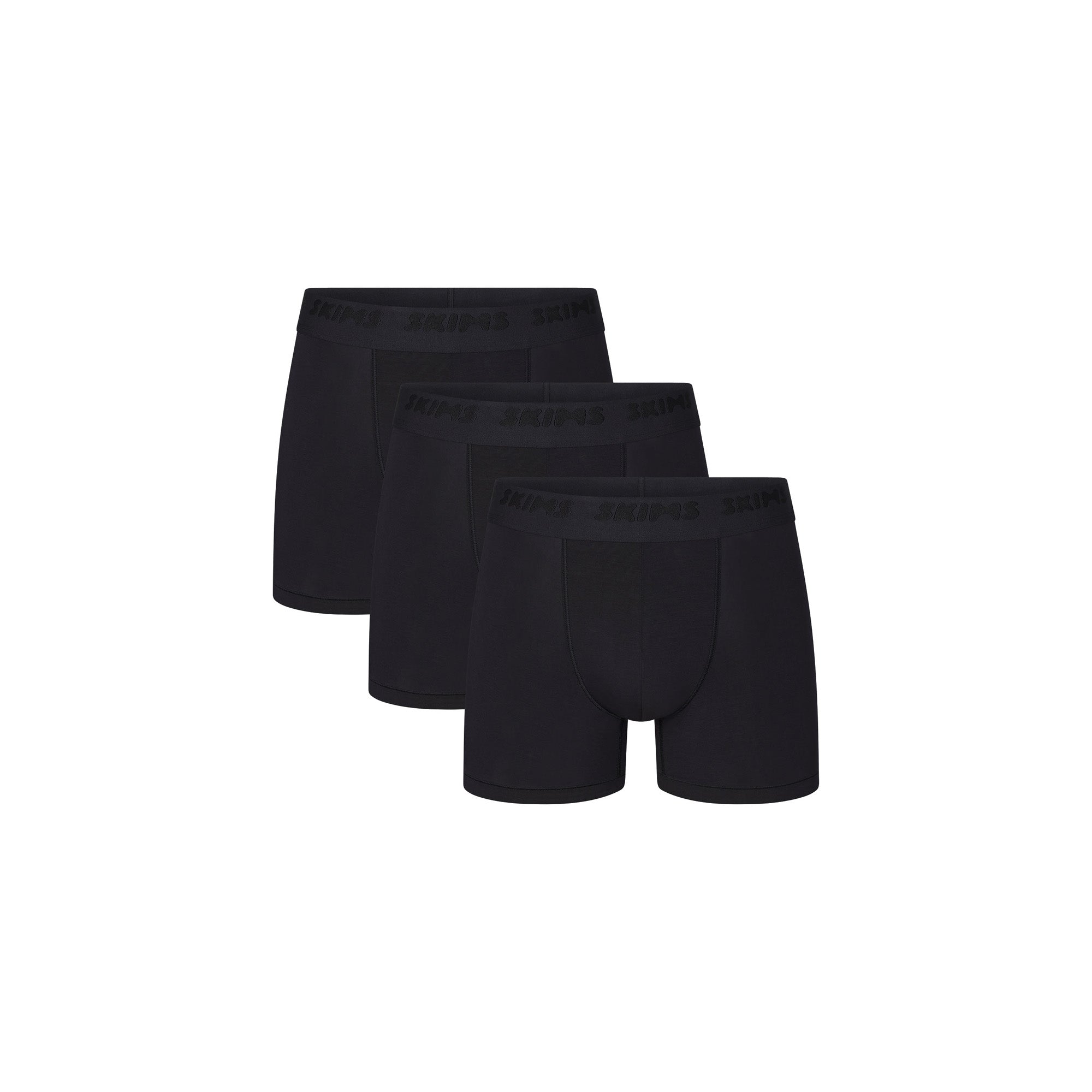 SKIMS STRETCH MENS 3" BOXER BRIEF 3-PACK | OBSIDIAN (MENS BOXERS, MENS UNDERWEAR) LAYS FLAT ON A WHITE BACKGROUND | FLT | FOCUS: 0.0, 1.0, 0.9