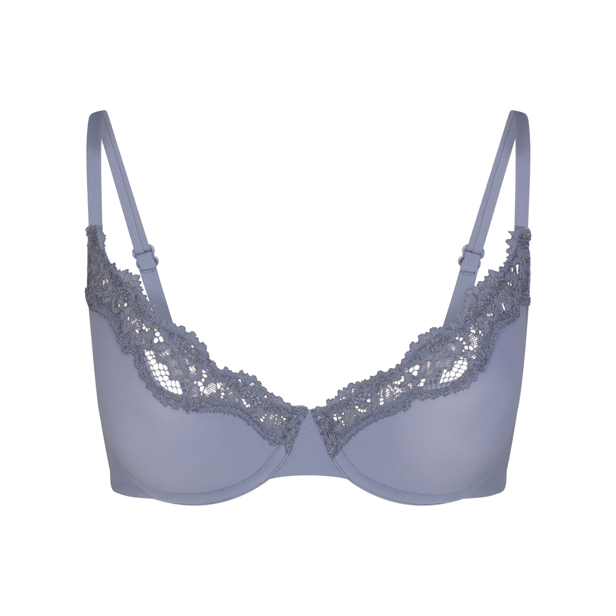 FITS EVERYBODY LACE UNLINED SCOOP BRA | SLATE TONAL & LAYS FLAT ON A WHITE BACKGROUND | FLT