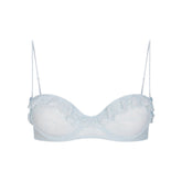 STRETCH LACE RUFFLE UNLINED BRA | POWDER BLUE FLAT ON A WHITE BACKGROUND @ | FOCUS: 0.0, 1.0, 0.9