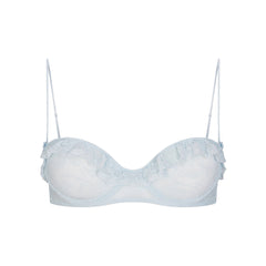 STRETCH LACE RUFFLE UNLINED BRA | POWDER BLUE FLAT ON A WHITE BACKGROUND @ | FOCUS: 0.0, 1.0, 0.9