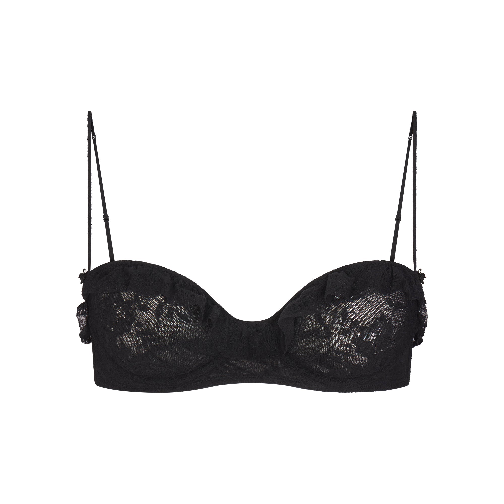 STRETCH LACE RUFFLE UNLINED BRA | SOOT FLAT ON A WHITE BACKGROUND | FLT @ | FOCUS: 0.0, 1.0, 0.9