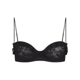 STRETCH LACE RUFFLE UNLINED BRA | SOOT FLAT ON A WHITE BACKGROUND | FLT @ | FOCUS: 0.0, 1.0, 0.9