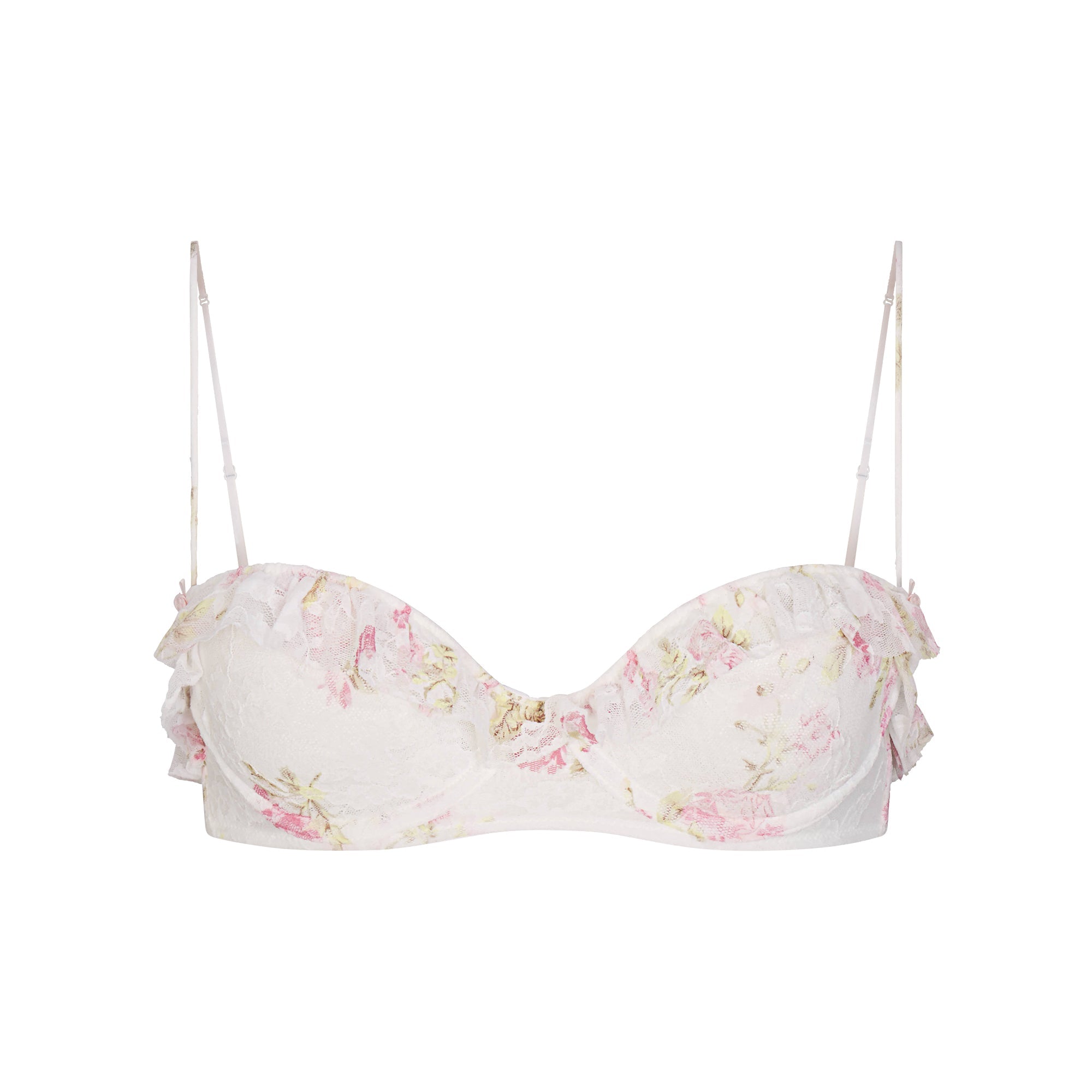 STRETCH LACE RUFFLE UNLINED BRA | SNOW VINTAGE FLORAL PRINT FLAT ON A WHITE BACKGROUND | FLT @ | FOCUS: 0.0, 1.0, 0.9