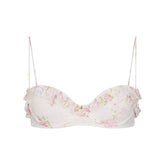 STRETCH LACE RUFFLE UNLINED BRA | SNOW VINTAGE FLORAL PRINT FLAT ON A WHITE BACKGROUND | FLT @ | FOCUS: 0.0, 1.0, 0.9