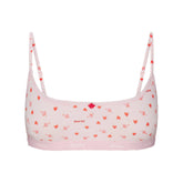 LIGHTWEIGHT COTTON LOGO PICOT SCOOP BRALETTE | BABY PINK ARROWED HEARTS LAYS FLAT ON A WHITE BACKGROUND | FLT