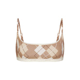 LIGHTWEIGHT COTTON LOGO PICOT SCOOP BRALETTE | CAFE ARGYLE PRINT & LAYS FLAT ON A WHITE BACKGROUND | FLT