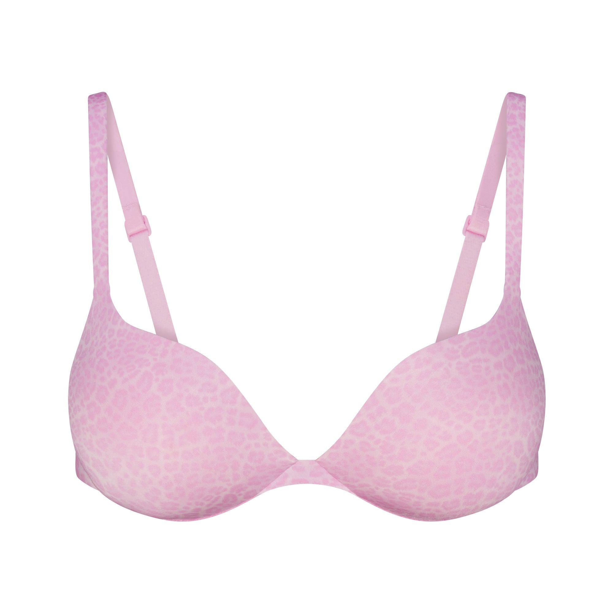 SKIMS ULTIMATE TEARDROP PUSH-UP BRA | BUBBLE GUM LEOPARD PRINT FLAT ON A WHITE BACKGROUND | FLT