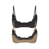 FITS EVERYBODY LACE SCOOP BRALETTE 2-PACK | MINI POLKA DOT AND ONYX & LAYS FLAT ON A WHITE BACKGROUND | FLT