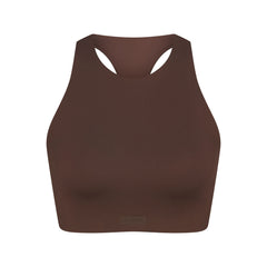 NikeSKIMS MATTE HIGH NECK BRA | DARK SEPIA FLAT ON A WHITE BACKGROUND | FLT