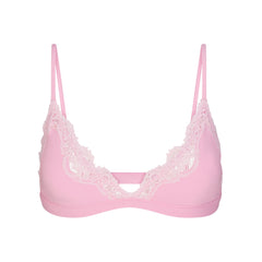 FITS EVERYBODY LACE TRIANGLE BRALETTE | BUBBLE GUM TONAL LAYS FLAT ON A WHITE BACKGROUND | FLT