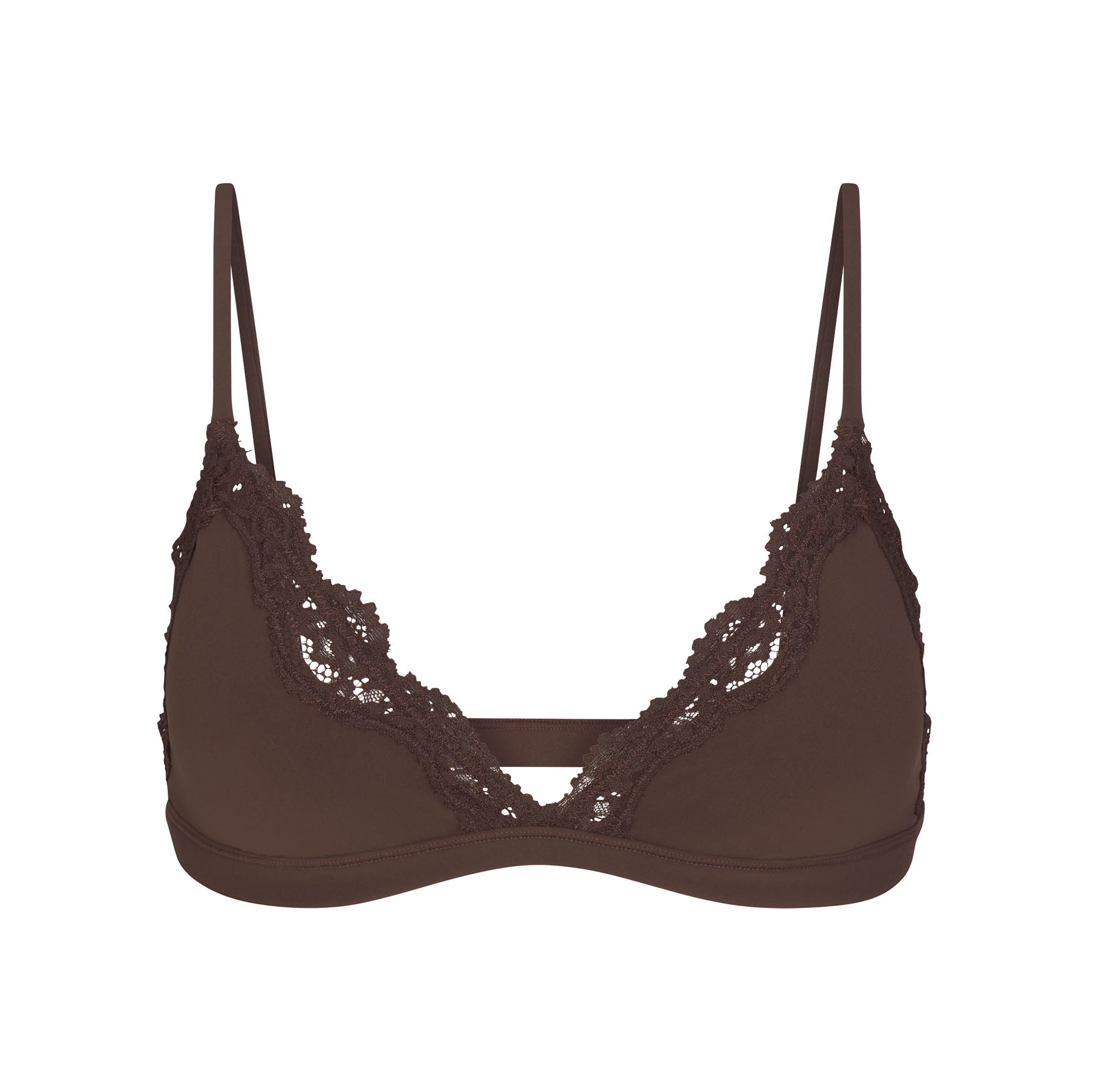 FITS EVERYBODY LACE TRIANGLE BRALETTE | ESPRESSO FLAT ON A WHITE BACKGROUND | FLT