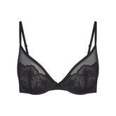 SKIMS LACE UNLINED DEMI BRA | ONYX FLAT ON A WHITE BACKGROUND | FLT