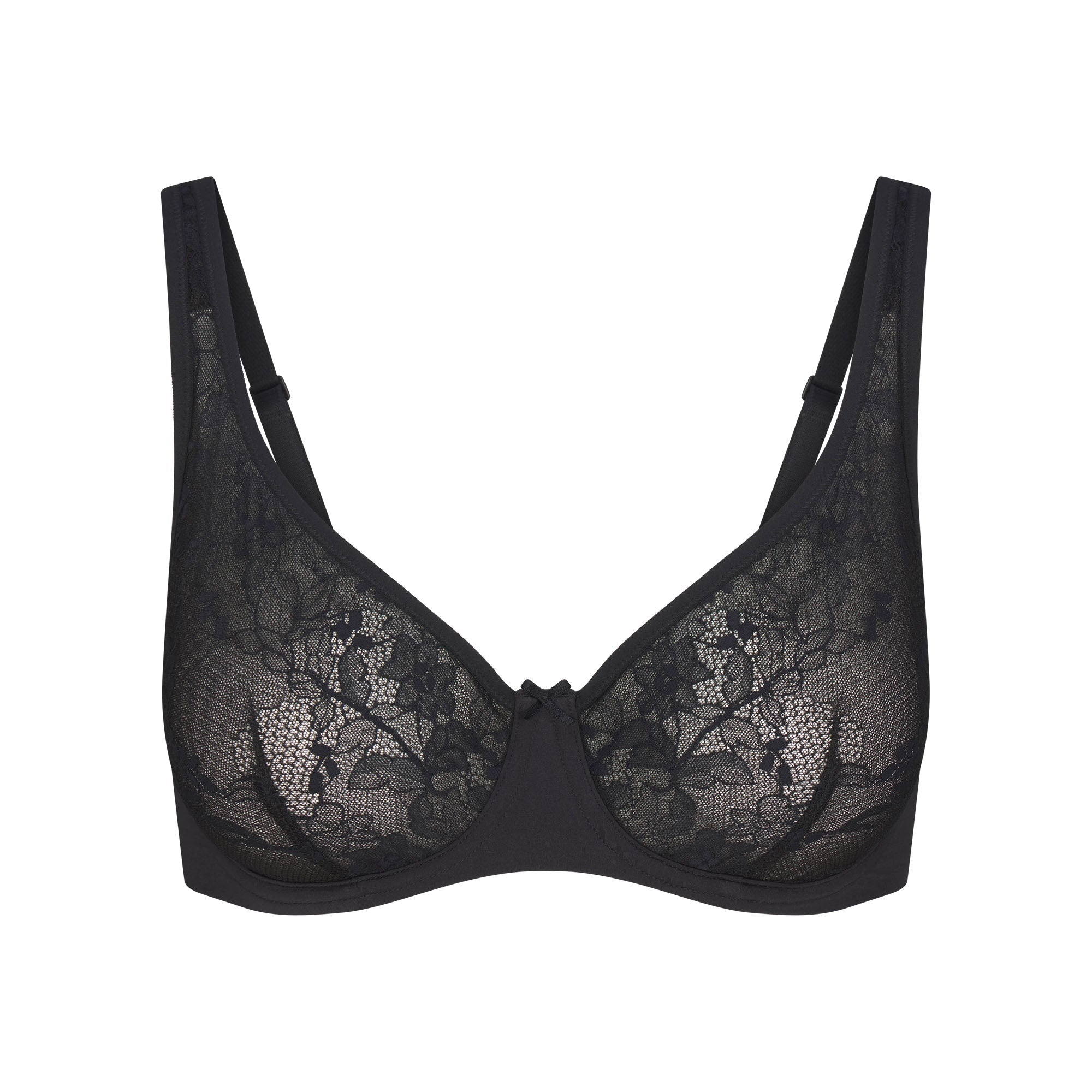 SKIMS LACE UNLINED MINIMIZER BRA | ONYX FLAT ON A WHITE BACKGROUND | FLT