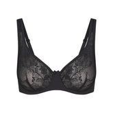 SKIMS LACE UNLINED MINIMIZER BRA | ONYX FLAT ON A WHITE BACKGROUND | FLT
