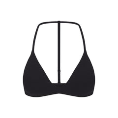 NikeSKIMS STUDIO STRETCH T-BACK TRIANGLE BRA | OBSIDIAN LAYS FLAT ON A WHITE BACKGROUND | FLT