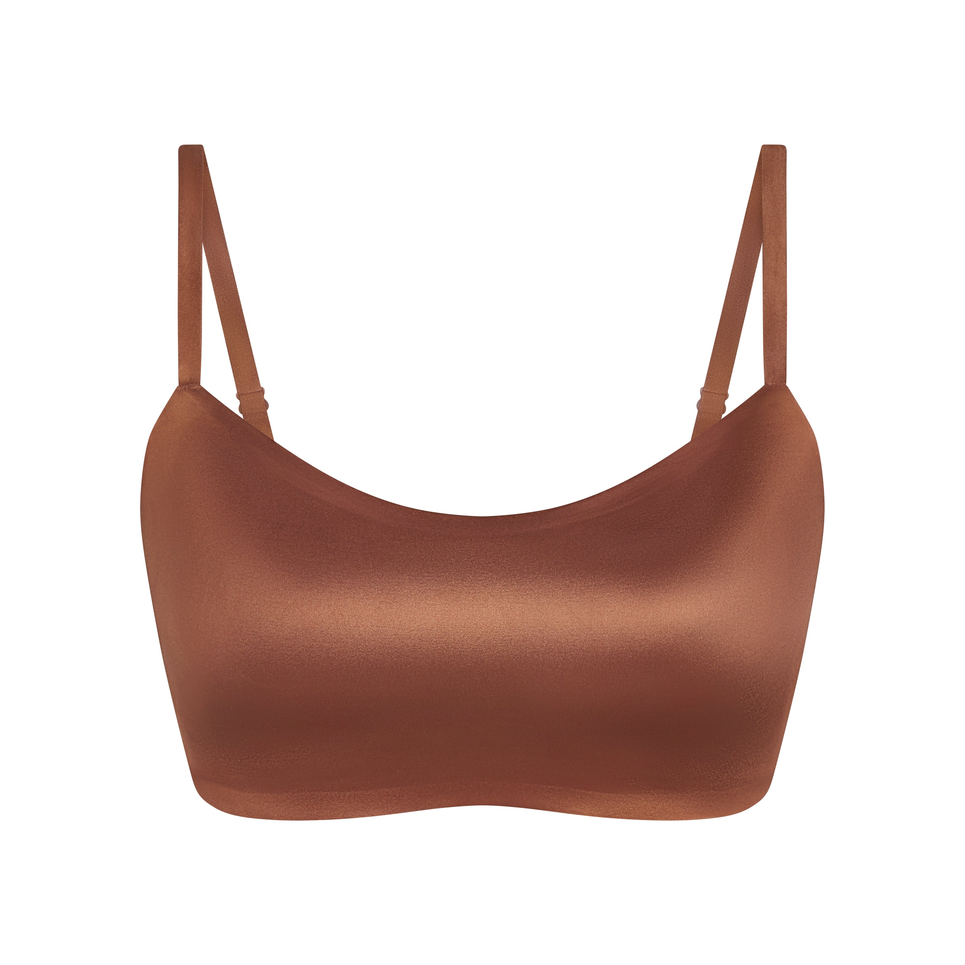 NikeSKIMS SATIN SHINE SCOOP CAMI BRA | CAROB BROWN & LAYS FLAT ON A WHITE BACKGROUND | FLT