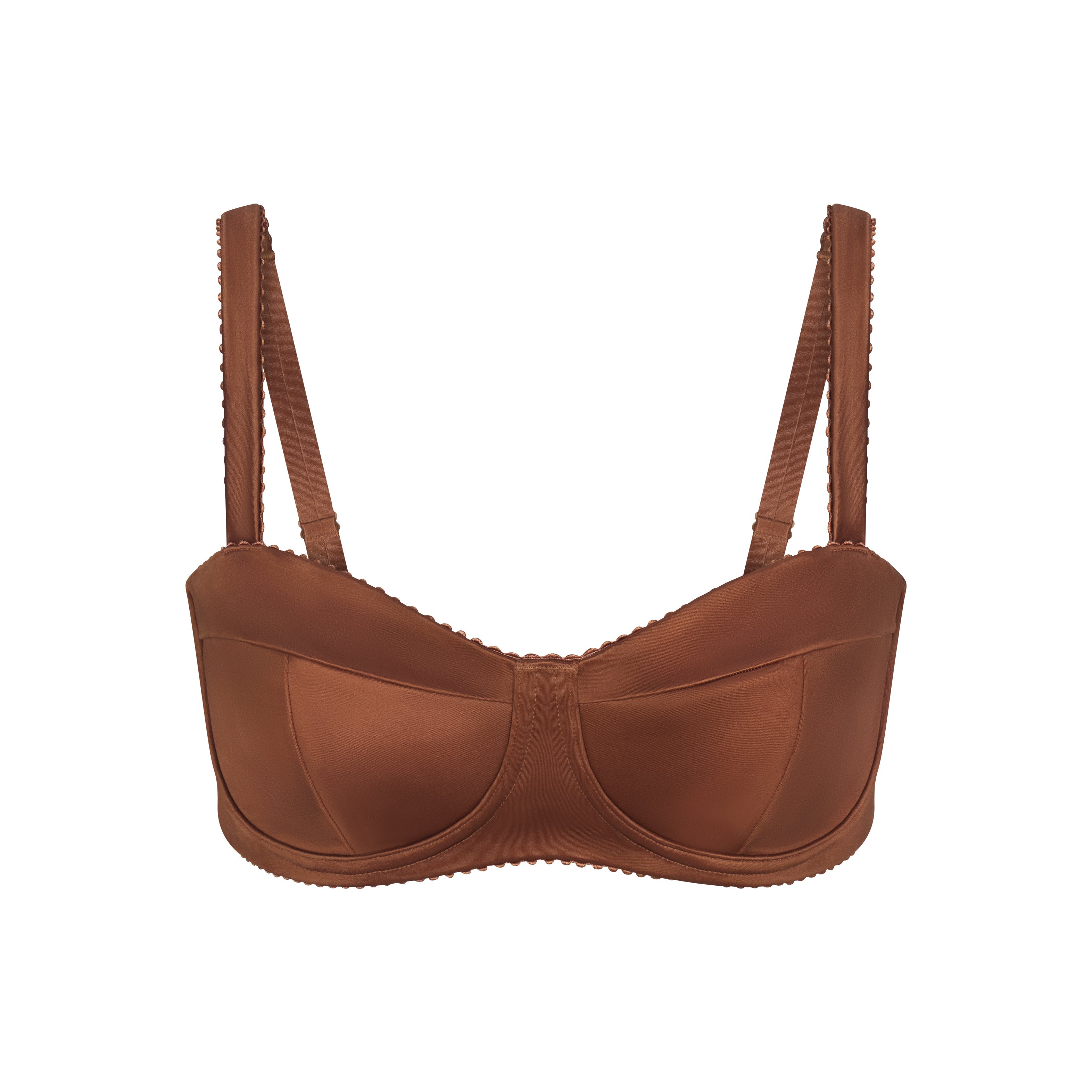 NikeSKIMS SATIN SHINE PANELED PICOT BRA | CAROB BROWN & LAYS FLAT ON A WHITE BACKGROUND | FLT