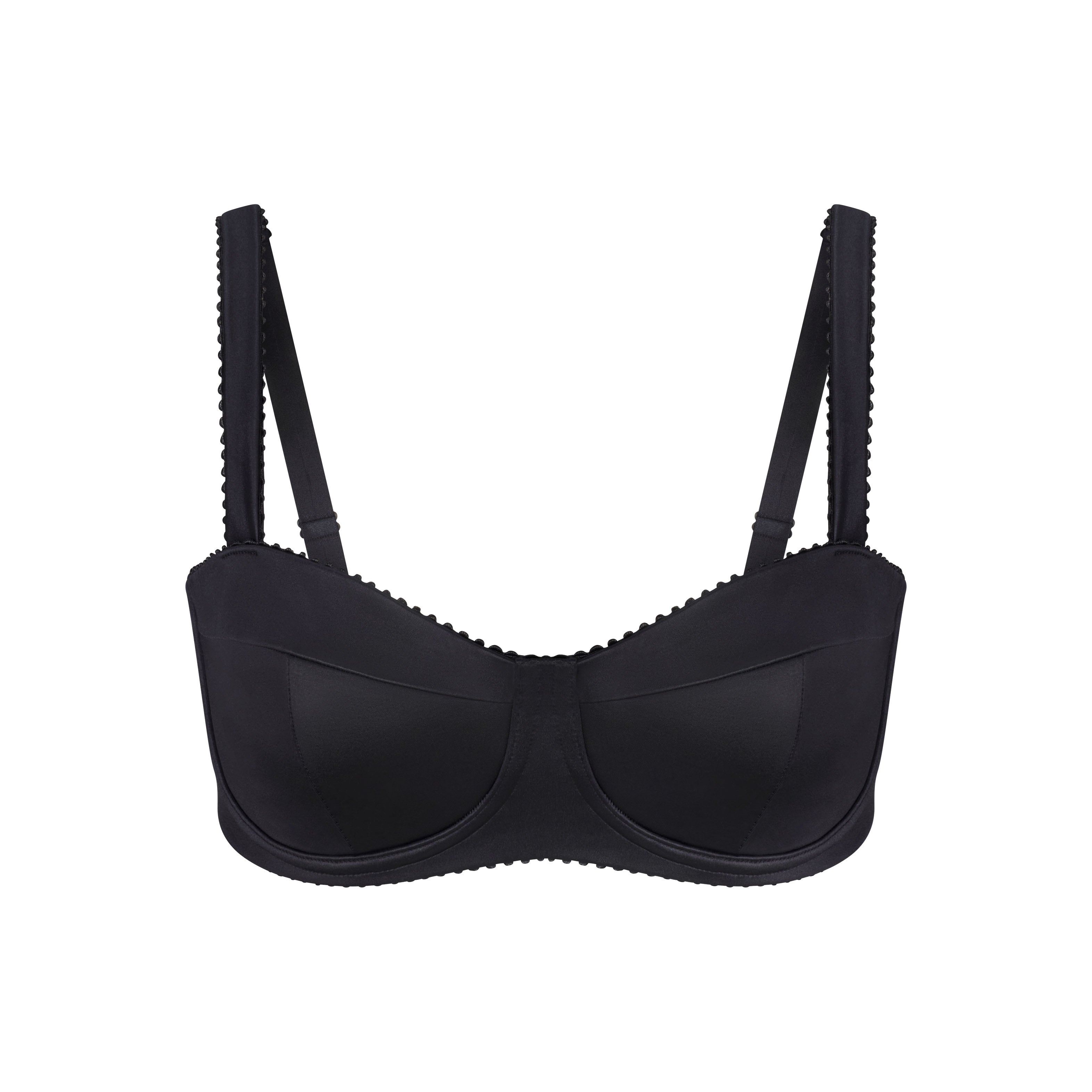NikeSKIMS SATIN SHINE PANELED PICOT BRA | OBSIDIAN & LAYS FLAT ON A WHITE BACKGROUND | FLT