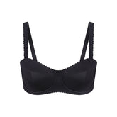 NikeSKIMS SATIN SHINE PANELED PICOT BRA | OBSIDIAN & LAYS FLAT ON A WHITE BACKGROUND | FLT