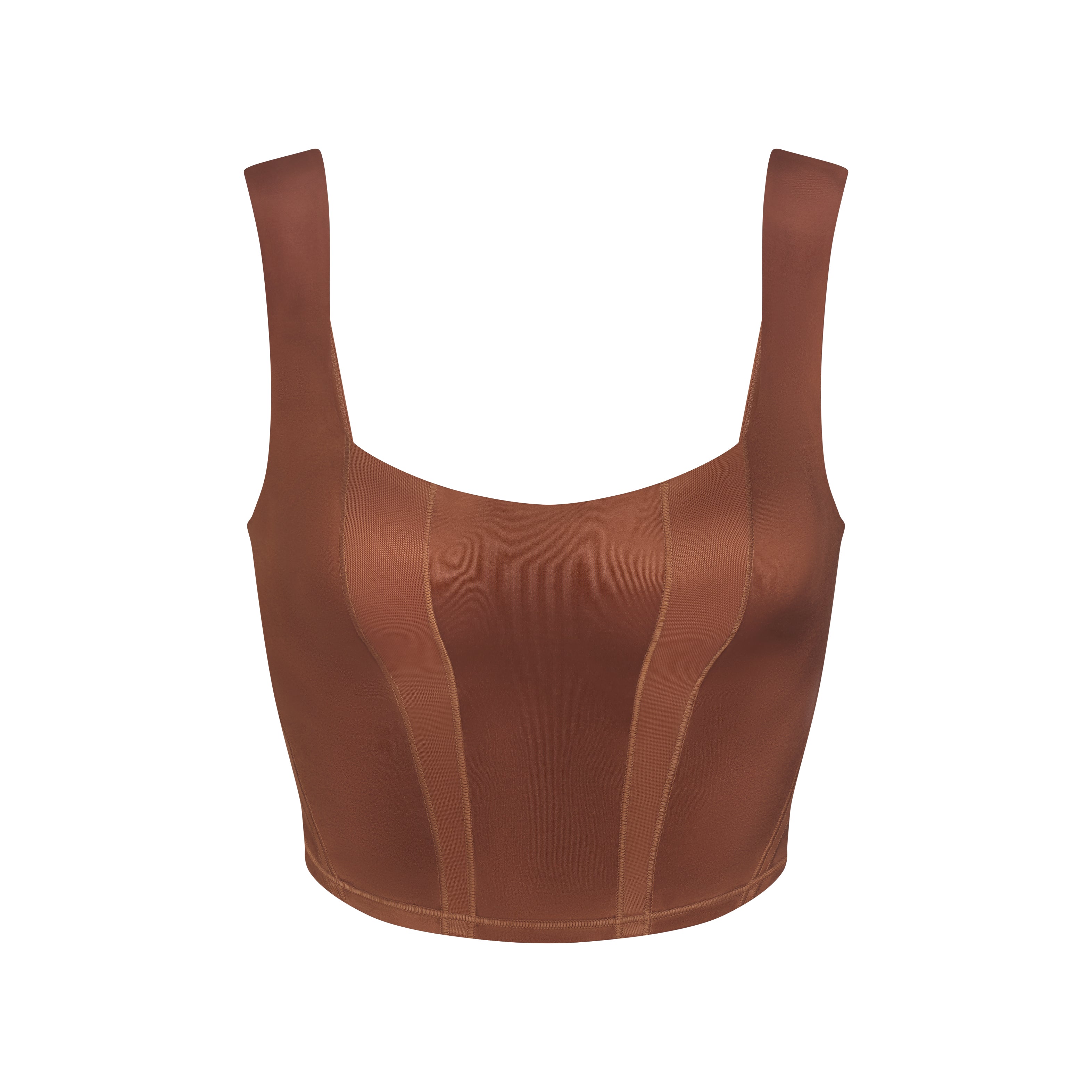 NikeSKIMS SATIN SHINE PANELED SCOOP TANK | CAROB BROWN & LAYS FLAT ON A WHITE BACKGROUND | FLT