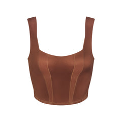 NikeSKIMS SATIN SHINE PANELED SCOOP TANK | CAROB BROWN & LAYS FLAT ON A WHITE BACKGROUND | FLT