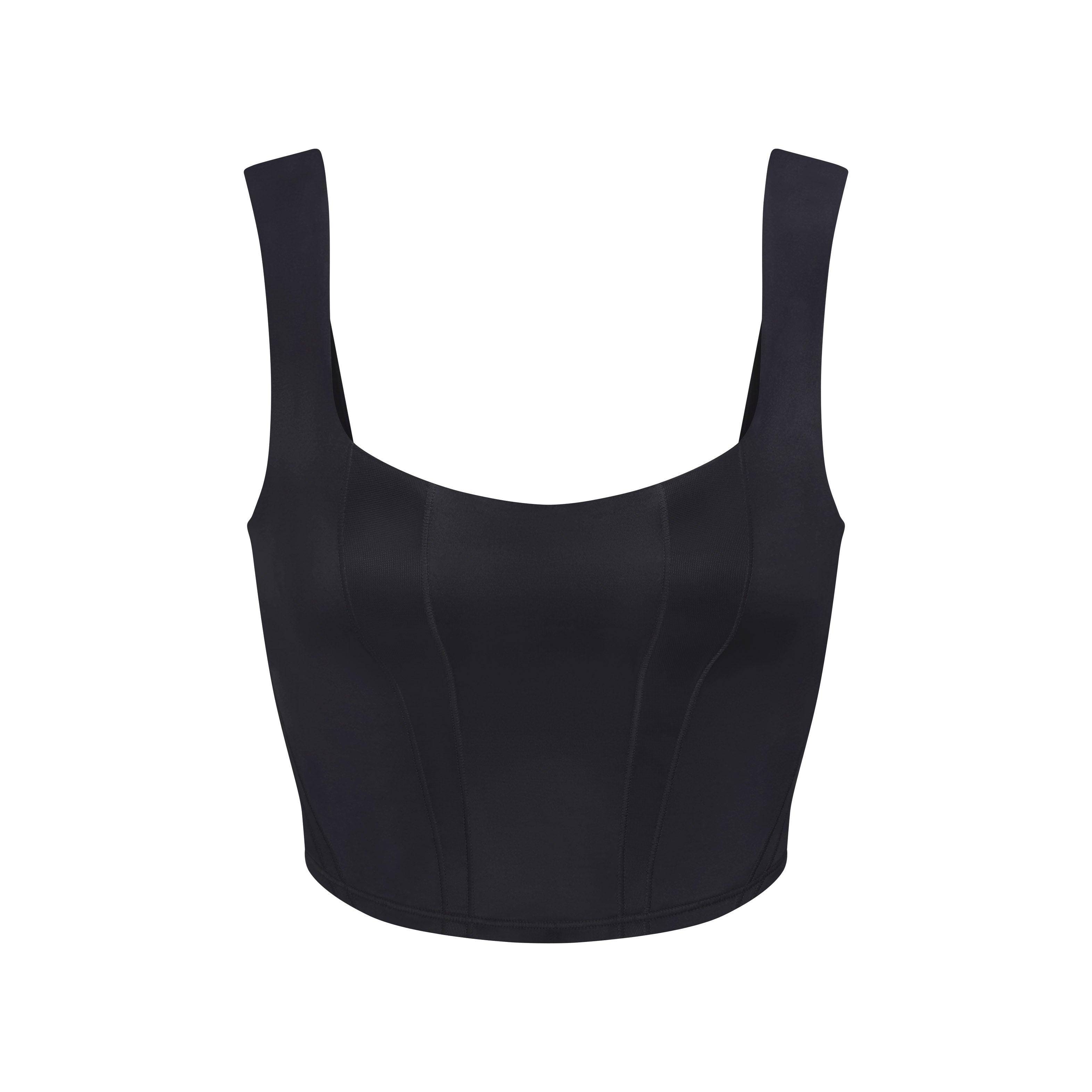 NikeSKIMS SATIN SHINE PANELED SCOOP TANK | OBSIDIAN & LAYS FLAT ON A WHITE BACKGROUND | FLT