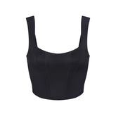 NikeSKIMS SATIN SHINE PANELED SCOOP TANK | OBSIDIAN & LAYS FLAT ON A WHITE BACKGROUND | FLT