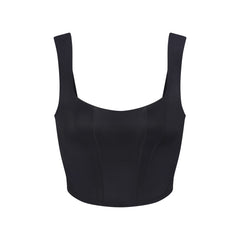 NikeSKIMS SATIN SHINE PANELED SCOOP TANK | OBSIDIAN & LAYS FLAT ON A WHITE BACKGROUND | FLT