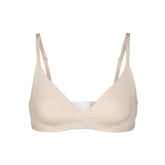 FITS EVERYBODY CROSSOVER BRALETTE | SAND (TRIANGLE BRALETTES) LAYS FLAT ON A WHITE BACKGROUND | FLT