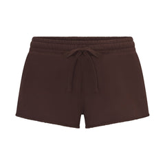 FRENCH TERRY RAW EDGE SHORT | ESPRESSO LAYS FLAT ON A WHITE BACKGROUND | FLT