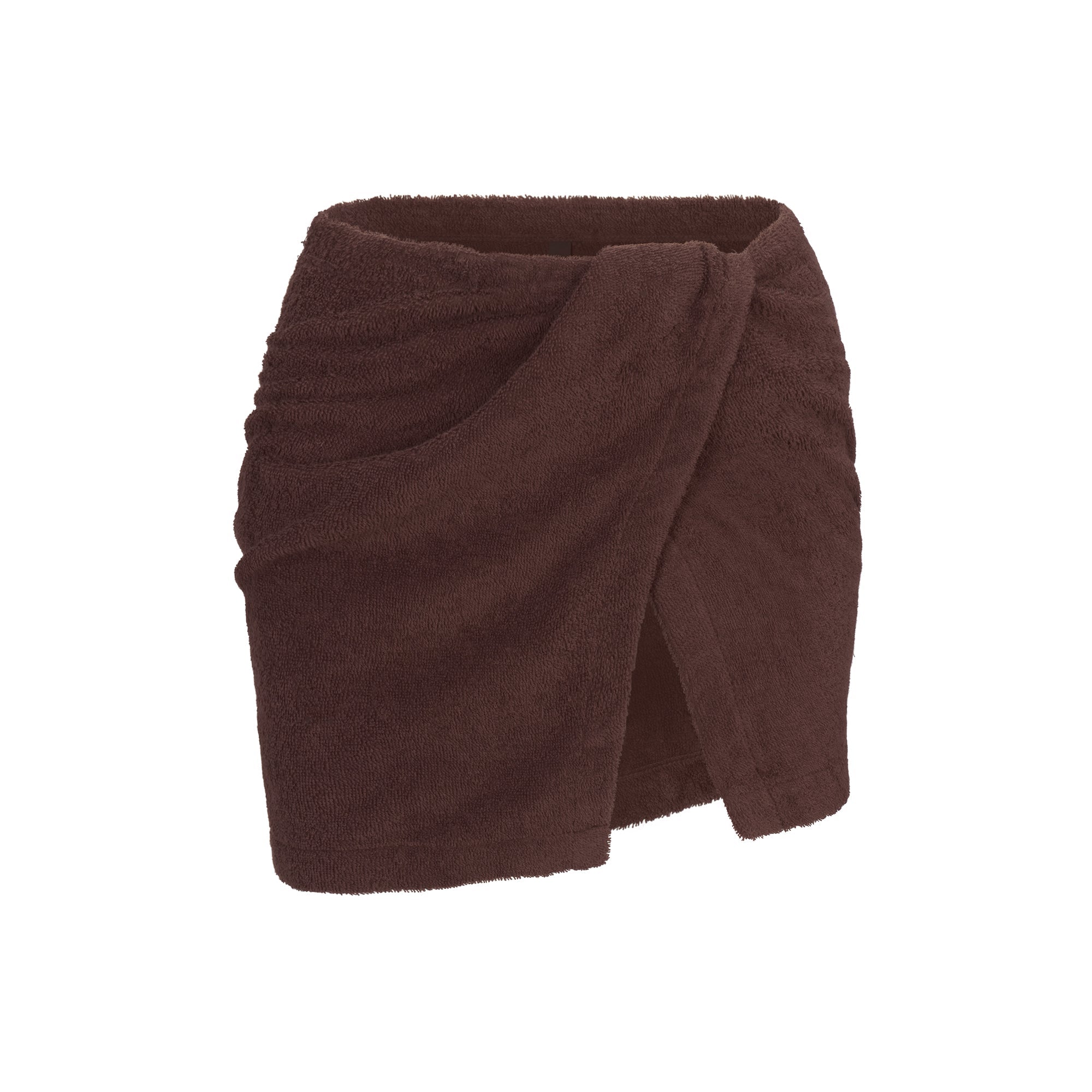 TERRY COVER-UPS WRAP SKIRT | DARK SEPIA LAYS FLAT ON A WHITE BACKGROUND | FLT