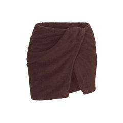 TERRY COVER-UPS WRAP SKIRT | DARK SEPIA LAYS FLAT ON A WHITE BACKGROUND | FLT
