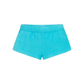 TERRY COVER-UPS FOLDOVER SHORT | CYAN LAYS FLAT ON A WHITE BACKGROUND | FLT