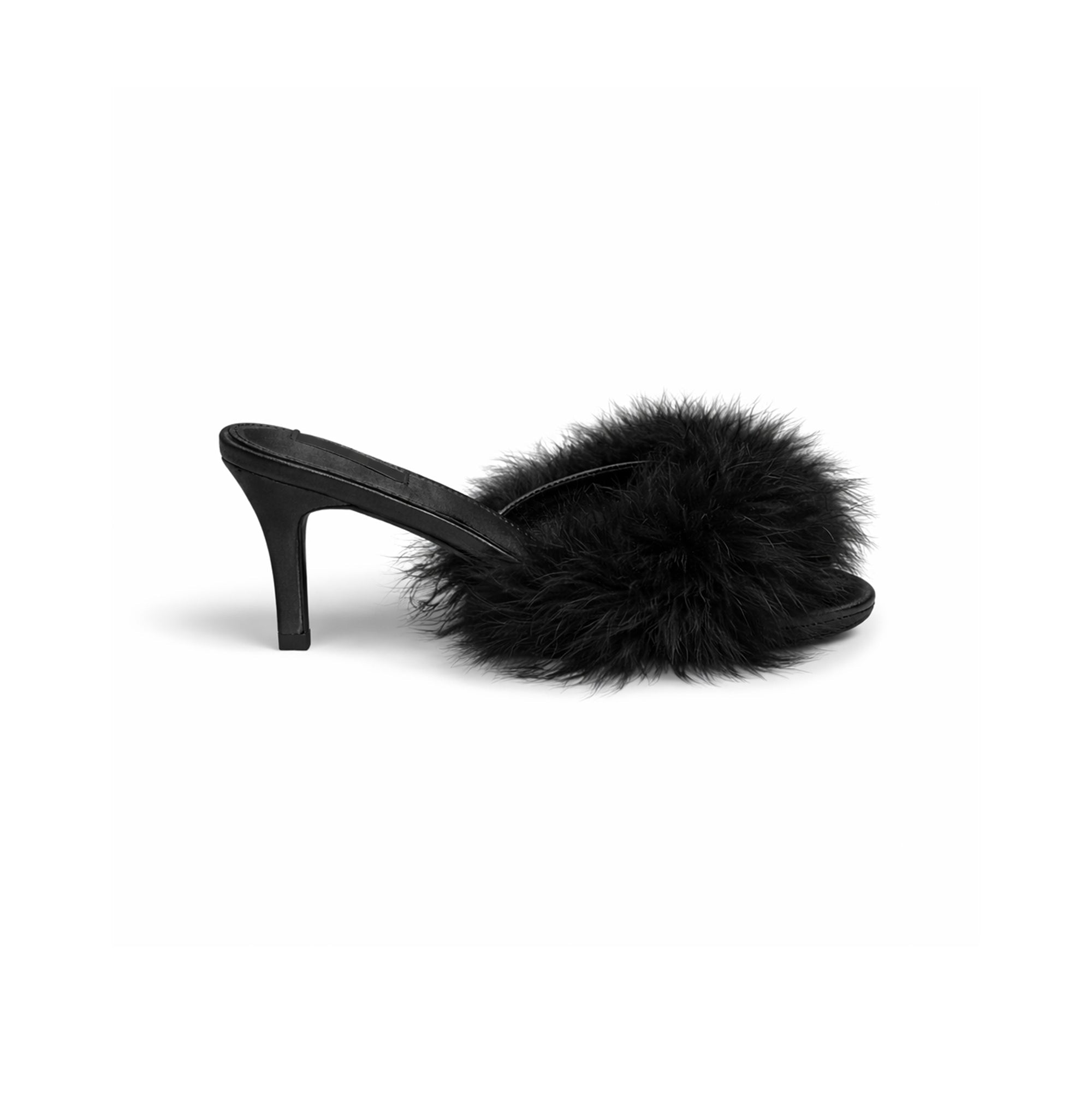 FEATHER KITTEN HEEL | ONYX FLAT ON A WHITE BACKGROUND @ | FOCUS: 0.0, 1.0, 0.9