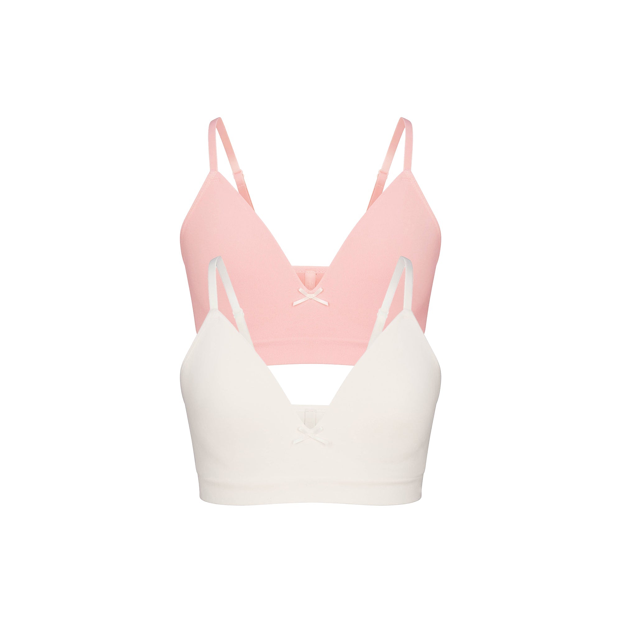 COTTON SEAMLESS GIRLS BRA 2-PACK | MARBLE AND BALLET FLAT ON A WHITE BACKGROUND @ | FLT