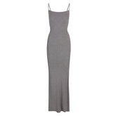 SOFT LOUNGE LONG SLIP DRESS | HEATHER GREY LAYS FLAT ON A WHITE BACKGROUND | FLT