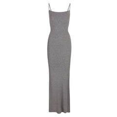 SOFT LOUNGE LONG SLIP DRESS | HEATHER GREY LAYS FLAT ON A WHITE BACKGROUND | FLT