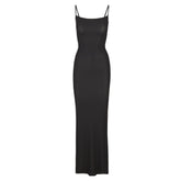 SOFT LOUNGE LONG SLIP DRESS | ONYX LAYS FLAT ON A WHITE BACKGROUND | FLT
