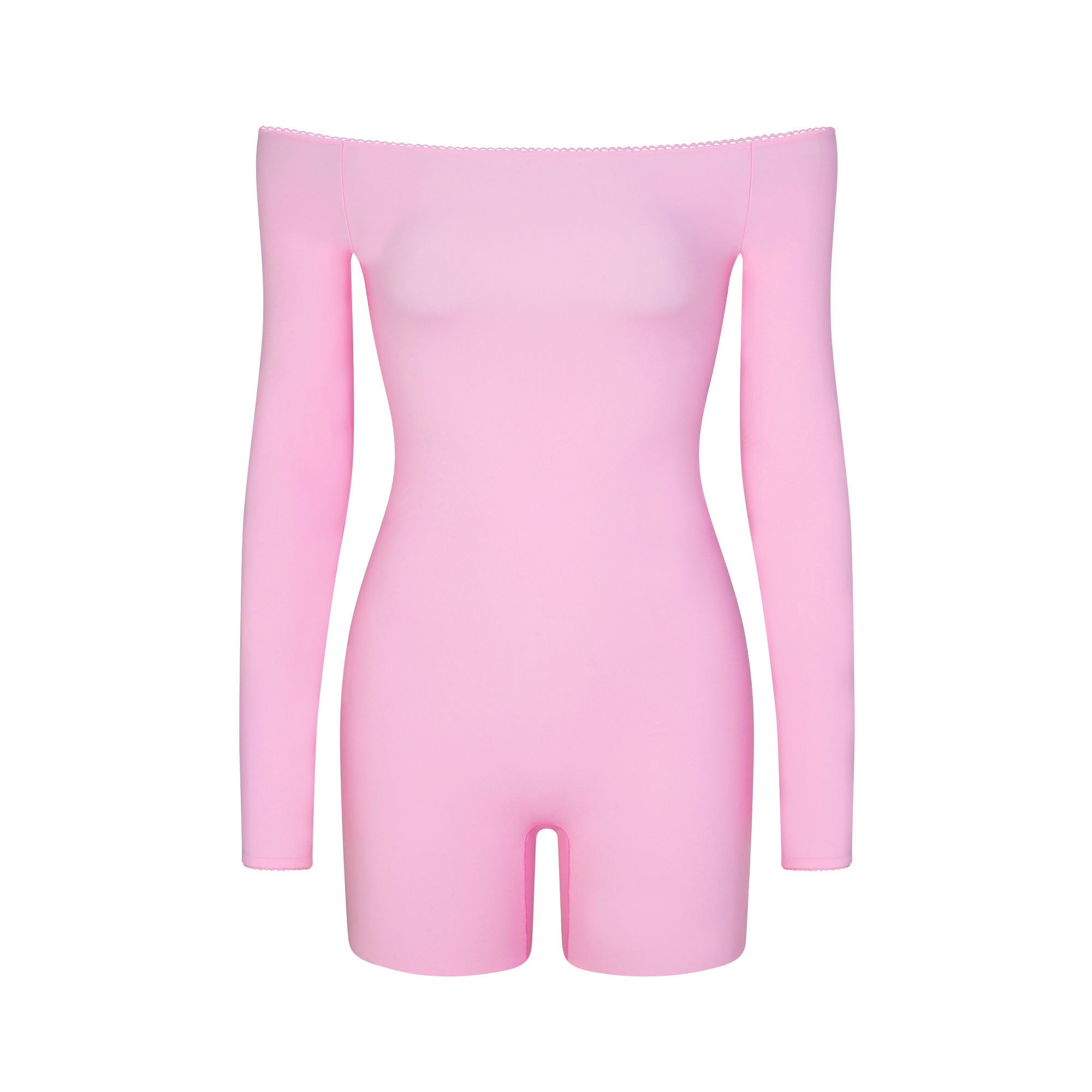 FITS EVERYBODY PICOT TRIM OFF THE SHOULDER ONESIE | BUBBLE GUM (ONESIES, BODYSUITS) LAYS FLAT ON A WHITE BACKGROUND | FLT