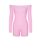 FITS EVERYBODY PICOT TRIM OFF THE SHOULDER ONESIE | BUBBLE GUM (ONESIES, BODYSUITS) LAYS FLAT ON A WHITE BACKGROUND | FLT