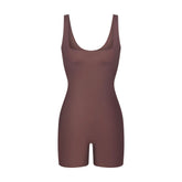 COOL SHAPEWEAR MID THIGH BODYSUIT | COCOA FLAT ON A WHITE BACKGROUND | FLT