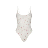 STRETCH LACE THONG BODYSUIT | IVORY CHERRY PRINT FLAT ON A WHITE BACKGROUND | FLT