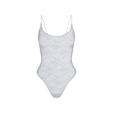 STRETCH LACE SCOOP NECK BODYSUIT | POWDER BLUE FLAT ON A WHITE BACKGROUND