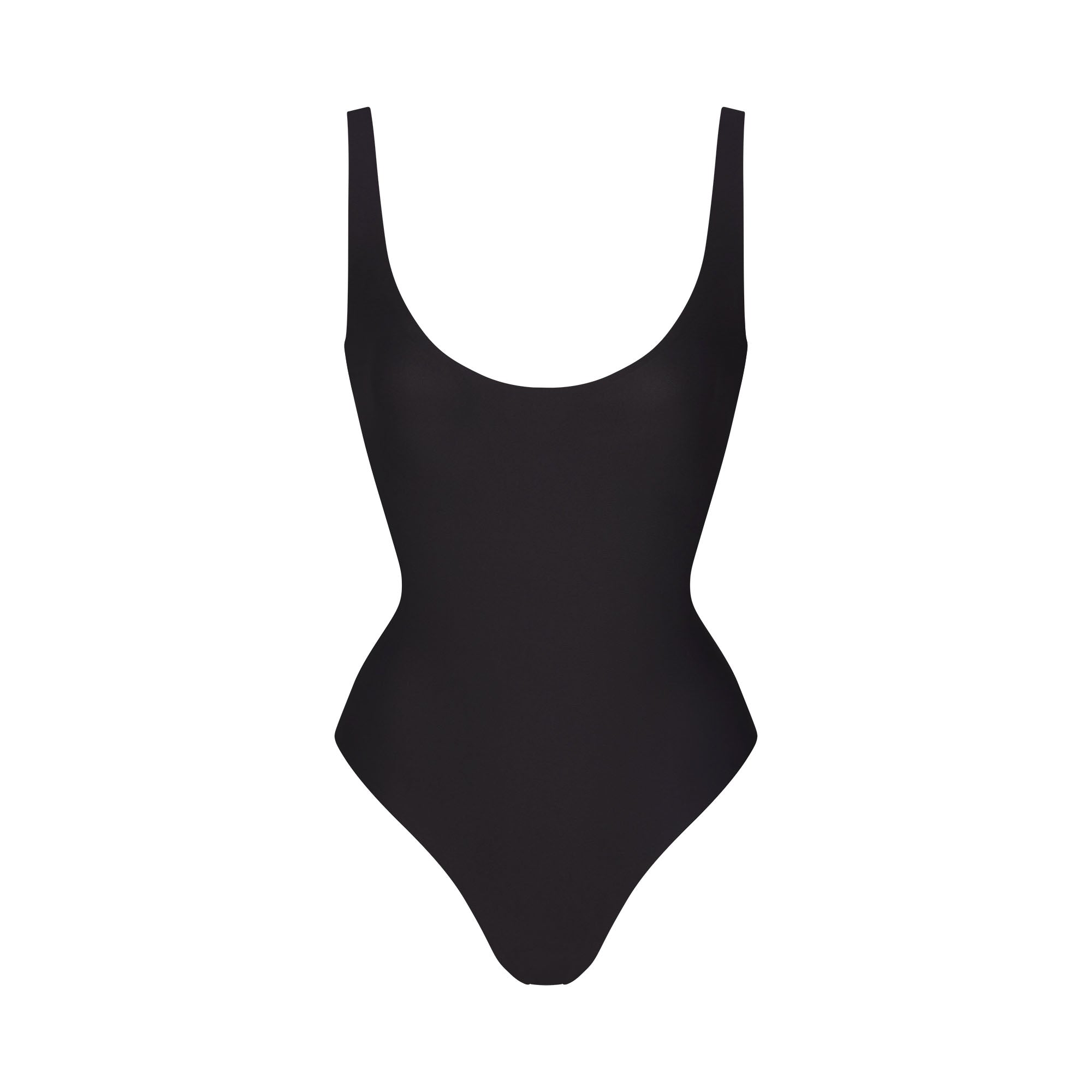 SKIMS BODY SCOOP LOW BACK THONG BODYSUIT | ONYX FLAT ON A WHITE BACKGROUND | FLT